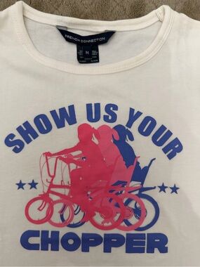 Vintage French Connection White Tee with Pink & Blue Chopper Graphic medium